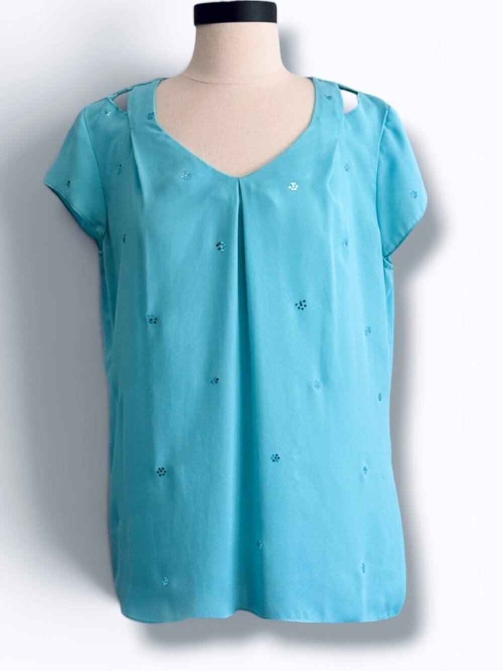 Upcycled Light Blue Sequin Embellished Cut Out Short Sleeve V Neck Top